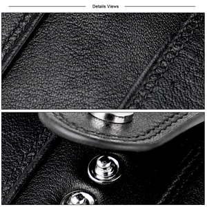 Detail of premium black lychee leather wallet featuring precision double stitching and silver snap