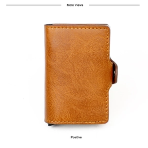 Detailed view of brown retro leather wallet with yellow stitching and secure metal buckle