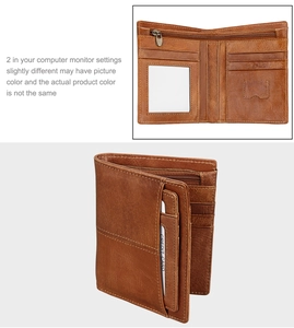 Vertical brown genuine leather men's RFID wallet with card slots and coin pocket