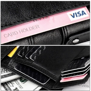 Detailed interior of a genuine leather wallet showing multiple card slots and fine stitching