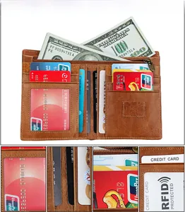 Detail view of the RFID protected brown leather wallet showing multi-slot interior structure