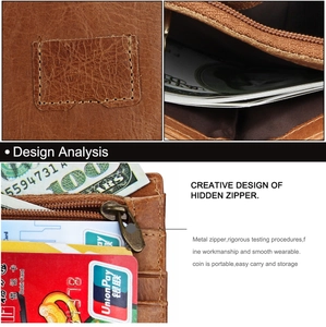 Detail of vintage oil wax leather wallet with hidden zipper pocket and multi-card slots