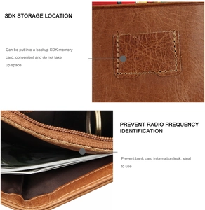 Detail of genuine leather wallet featuring RFID protection and SDK storage slot