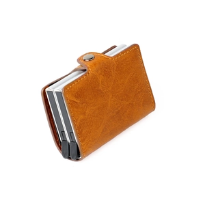 Detail of RFID blocking double layer aluminum card holder with brown lychee leather cover