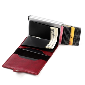 Detail view of burgundy leather RFID wallet with pop-up aluminum card holder and cash clip