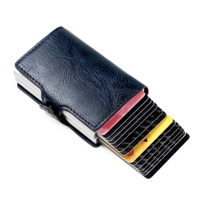 Detail view of the RFID-blocking double layer aluminum wallet with pop-up card mechanism