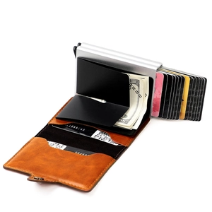 Detail of brown leather RFID wallet with dual aluminum pop-up card slots and money clip