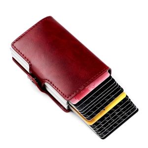 Detail of burgundy leather RFID wallet showing 10-card capacity and aluminum case