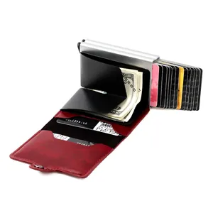 Inside view of red leather RFID wallet with dual aluminum card slots and a cash clip