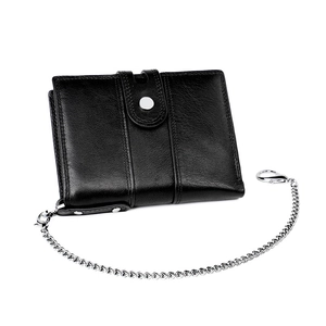 Genuine leather men wallet with RFID blocking and detachable silver metal safety chain