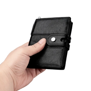 Men's genuine leather RFID blocking wallet with secure button strap and pebble texture