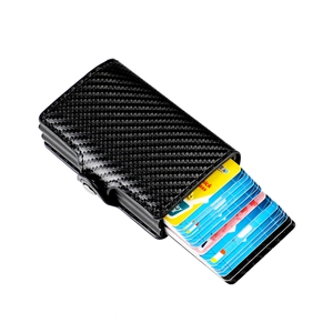 Dual-layer RFID blocking carbon fiber card holder with automatic pop-up mechanism and clip