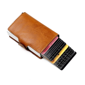 Brown leather RFID blocking pop-up card holder with aluminum alloy case for 10 cards