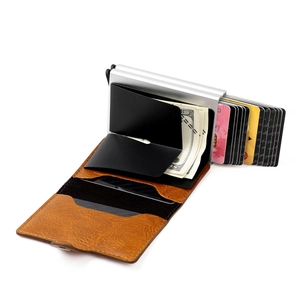 Aluminum RFID blocking wallet with brown leather cover and functional dollar clip