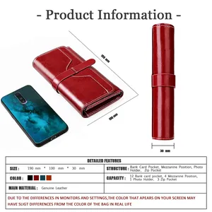 Tableau des tailles du portefeuille en cuir RFID avec dimensions 190mm et compartiments