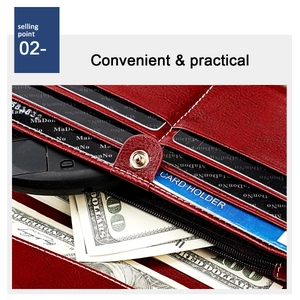 Détail d'un portefeuille en cuir rouge avec fentes pour cartes et une poche à monnaie