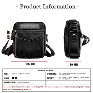 Detailed view of black genuine leather men crossbody bag with dimensions and internal capacity