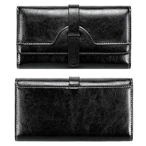Vue détaillée du portefeuille en cuir noir huilé avec d'élégantes surpiqûres blanches