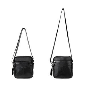 Dual view of black leather chest bags for men featuring silver zippers and nylon straps