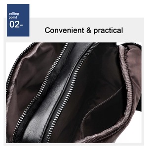 Macro view of men's leather chest bag interior with nylon lining and metal zipper