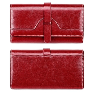 Vue avant et arrière d'un portefeuille en cuir ciré rouge avec surpiqûres blanches contrastées