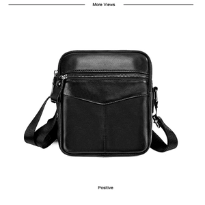Detailed front view of black leather chest bag showing texture and zipper pockets