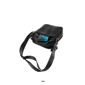 Macro detail of men's leather crossbody bag side pocket showing smartphone capacity