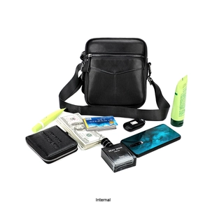 Top view of black leather chest bag showing large capacity for phone, wallet and keys