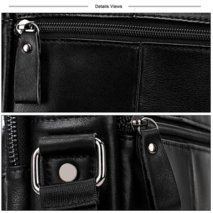 Close-up of premium black leather chest bag featuring silver zipper and metal ring details