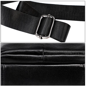 Detail of adjustable nylon strap and lychee grain black leather with stitching