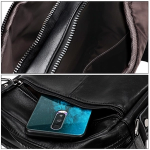 Detailed view of the double-layer zipper compartments and inner pocket for men's chest bag