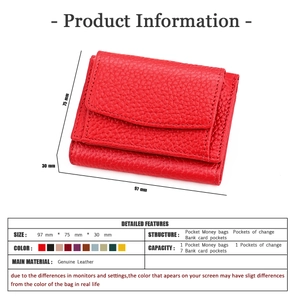 Detailed specs of red genuine leather wallet showing 97x75x30mm size and internal structure