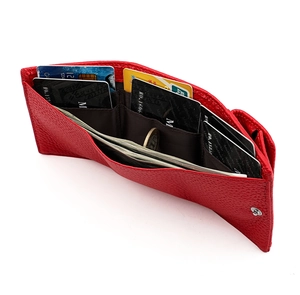 Interior layout of red leather wallet showing card slots and smooth silver snap fastener