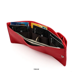 Detail of red litchi leather wallet showing multiple card slots and internal compartments