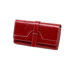 Portefeuille RFID pour femme en cuir ciré rouge foncé avec coutures contrastées