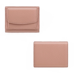 Detail of pink lychee grain leather wallet showing stitching and texture on both sides