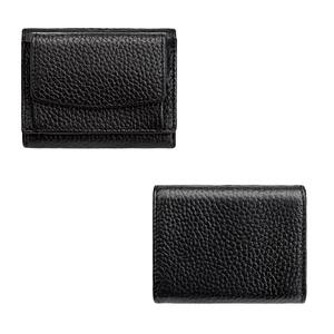 Detailed front and back view of black lychee grain leather trifold wallet with stitching