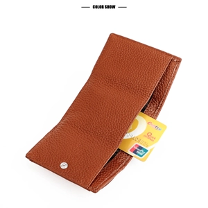 Detail of brown litchi pattern leather wallet with snap button and card slot display