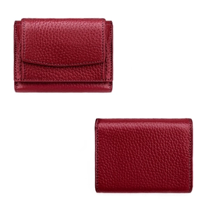 Macro detail of dark red lychee grain leather wallet with precision stitching and flap closure
