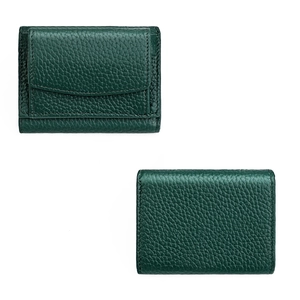 Detail view of dark green lychee grain leather wallet with precision stitching and flap