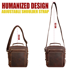 Detail view of adjustable strap heights for vintage crazy horse leather shoulder bag