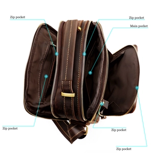 Top view of retro brown leather crossbody bag showing main pocket and five zip pockets