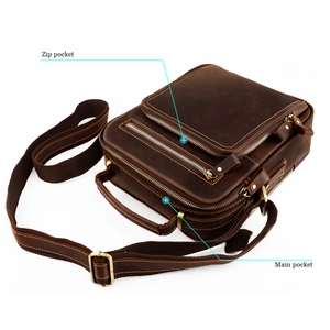 Detail of dark brown leather messenger bag featuring zip pocket and main pocket storage