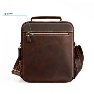 Macro shot of dark brown crazy horse leather bag with front zip pocket and sturdy handle