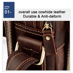 Detail of durable cowhide leather bag with double stitching and vintage copper hardware