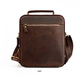 Detailed back view of vintage crazy horse leather crossbody bag with zipper pocket
