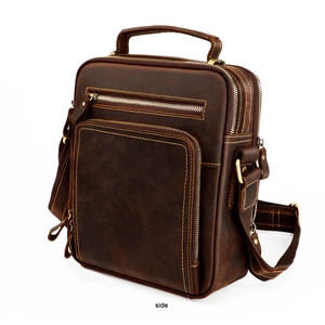 Side view of men's vintage crazy horse leather crossbody bag with multiple compartments