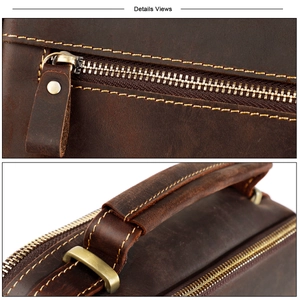 Detail view of vintage dark brown crazy horse leather bag with reinforced handles and brass zipper
