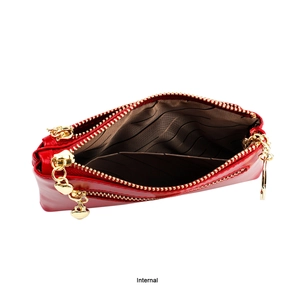 Internal structure of red oil wax leather coin purse with double zippers and wavy lining