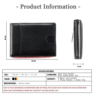 Detailed size chart and structure of black genuine leather slim bifold wallet for men
